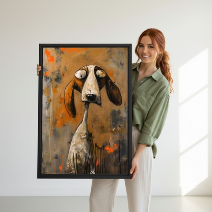 Long Face Hound Canvas Wall Art held in a black frame by a woman wearing green.