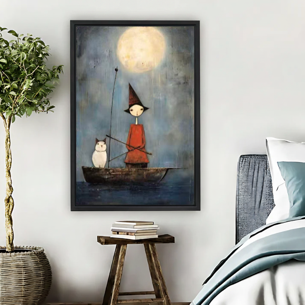 Witch Owl Boat Canvas Wall Art framed beside blue bedding, a leafy plant, and books.