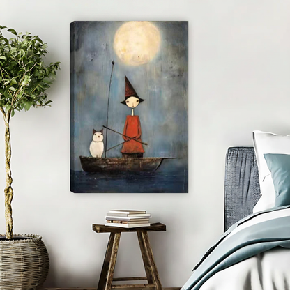 Witch Owl Boat Canvas Wall Art unframed beside blue bedding and a leafy plant.