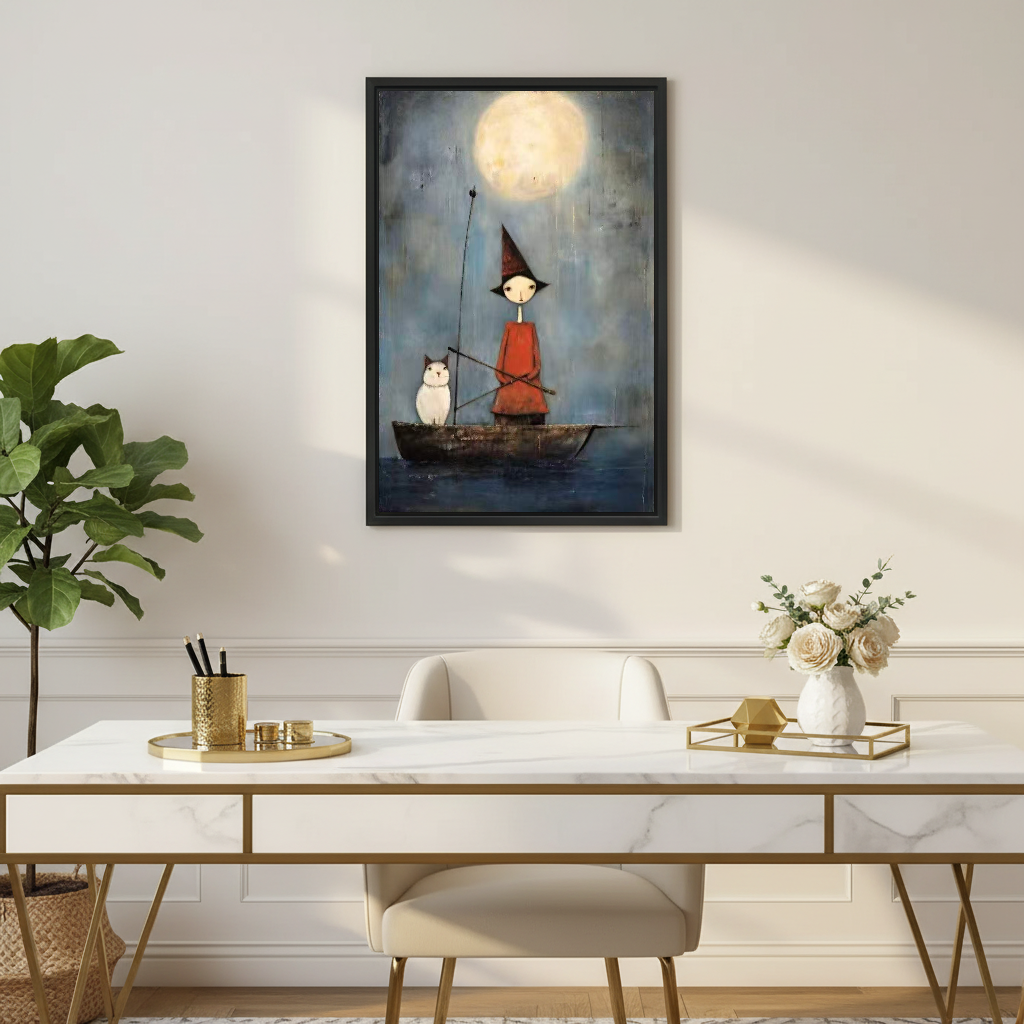 Witch Owl Boat Canvas Wall Art framed above a white desk with flowers and a chair.
