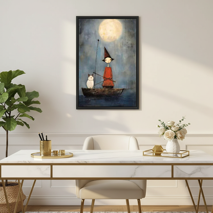 Witch Owl Boat Canvas Wall Art framed above a white desk with flowers and a chair.