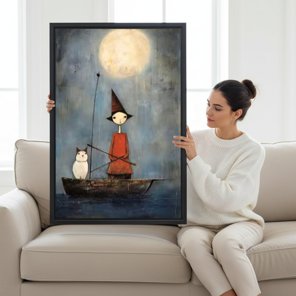 Witch Owl Boat Canvas Wall Art held by a seated woman on a pale sofa.