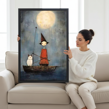 Witch Owl Boat Canvas Wall Art held by a seated woman on a pale sofa.