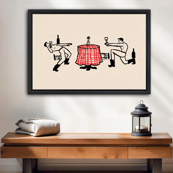 Western Toast Canvas Wall Art framed above a wood console with linen and a lantern.