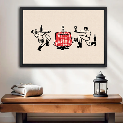 Western Toast Canvas Wall Art framed above a wood console with linen and a lantern.