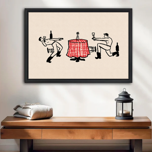 Western Toast Canvas Wall Art framed above a wood console with linen and a lantern.