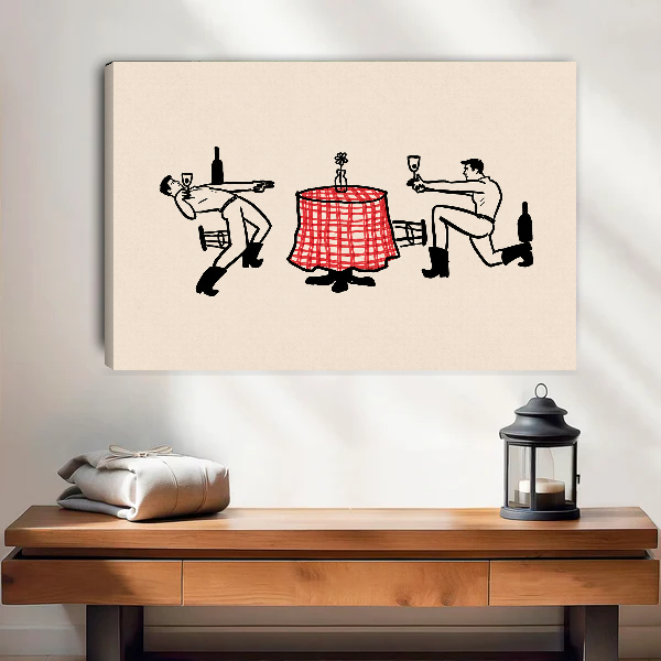 Western Toast Canvas Wall Art unframed above a wood console with linen and a lantern.