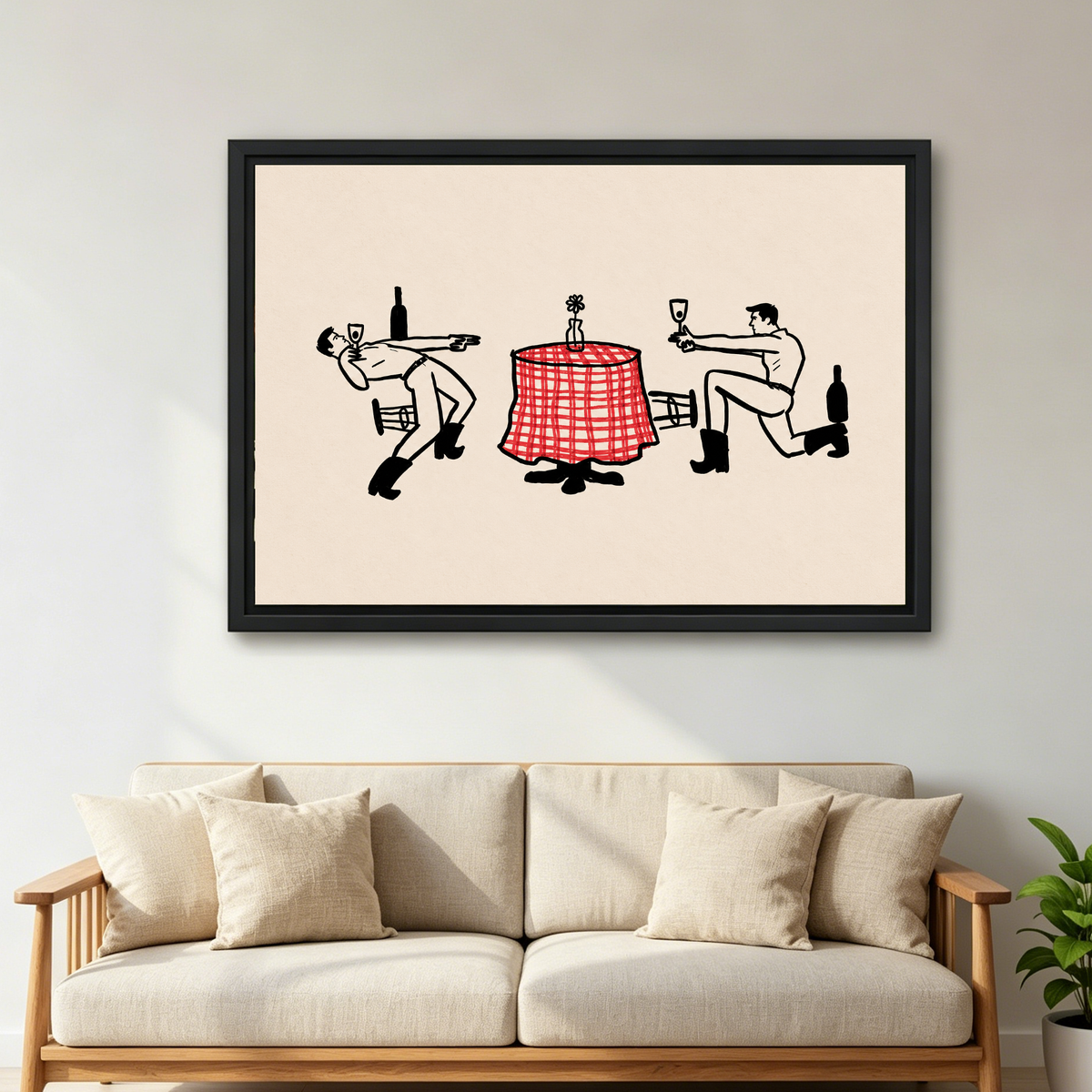 Western Toast Canvas Wall Art framed above a cream sofa with wooden arms.