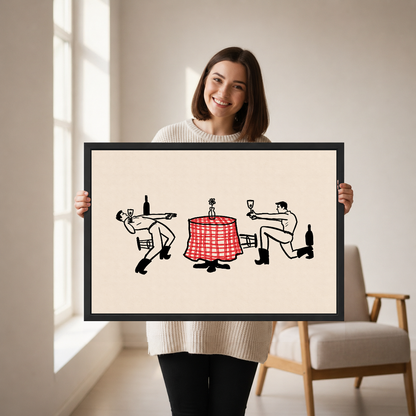 Western Toast Canvas Wall Art held in a black landscape frame by a standing woman.