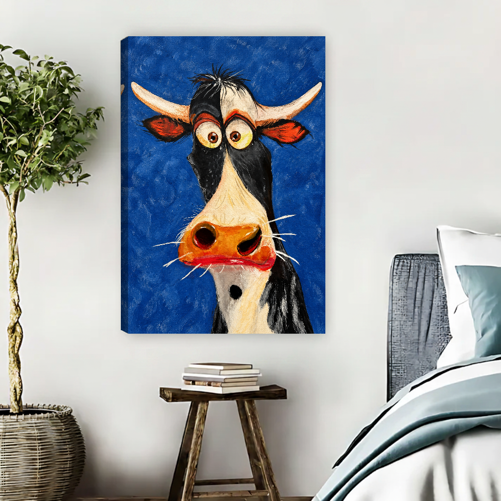 Funny Cow Canvas Wall Art unframed beside blue bedding and a leafy plant.