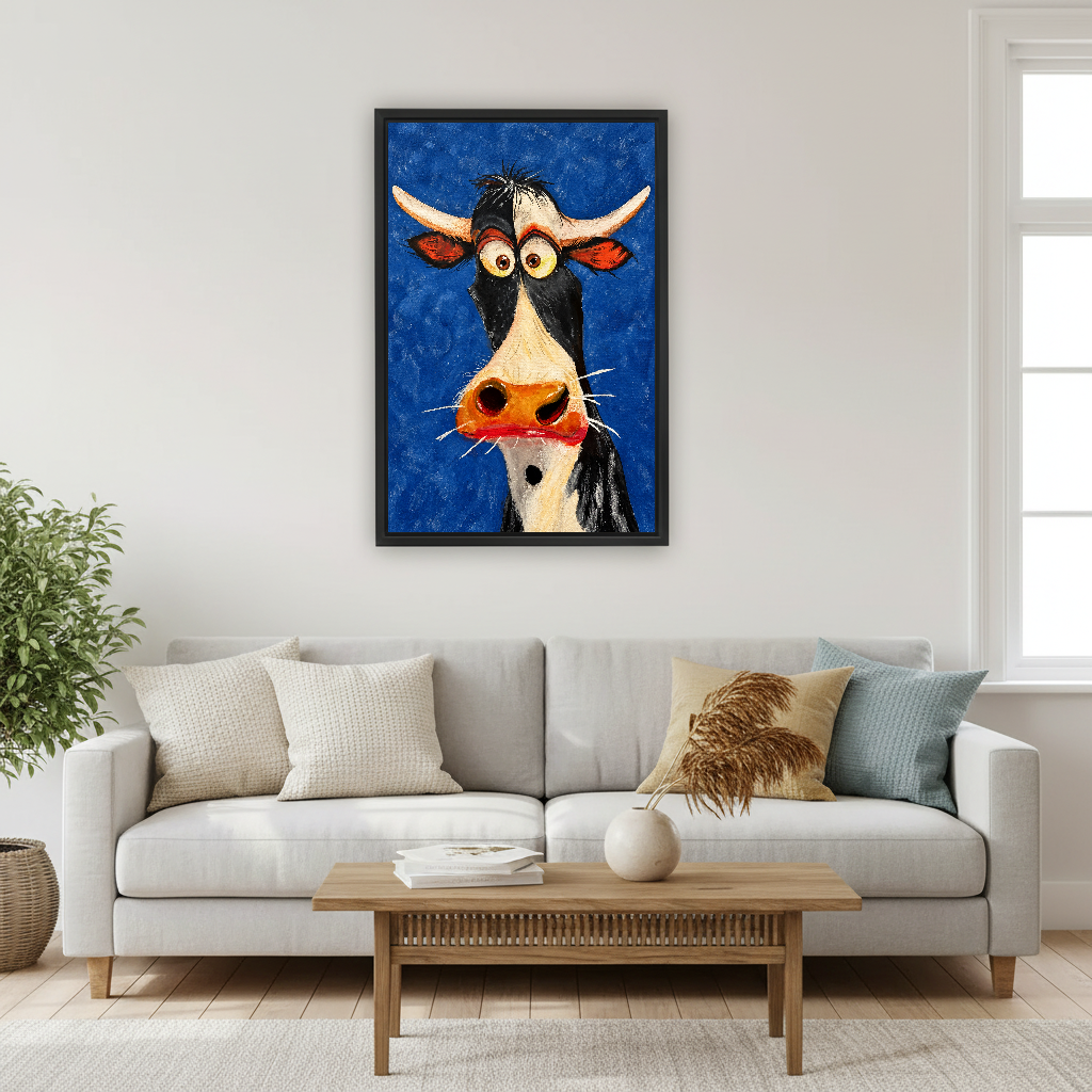 Funny Cow Canvas Wall Art framed above a pale gray sofa and wood table.