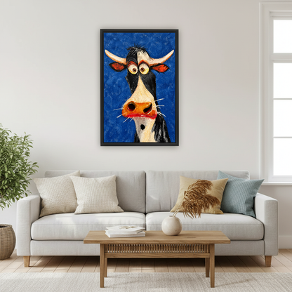 Funny Cow Canvas Wall Art framed above a pale gray sofa and wood table.