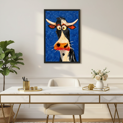 Funny Cow Canvas Wall Art framed above a white desk with flowers and a chair.