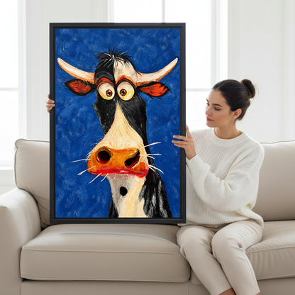 Funny Cow Canvas Wall Art held by a seated woman on a pale sofa.