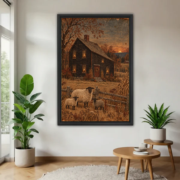 Autumn Sheep Canvas Wall Art framed above a wood table with green plants.