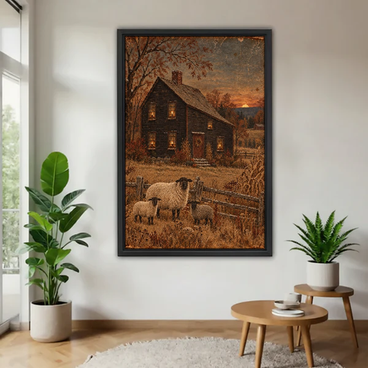 Autumn Sheep Canvas Wall Art framed above a wood table with green plants.