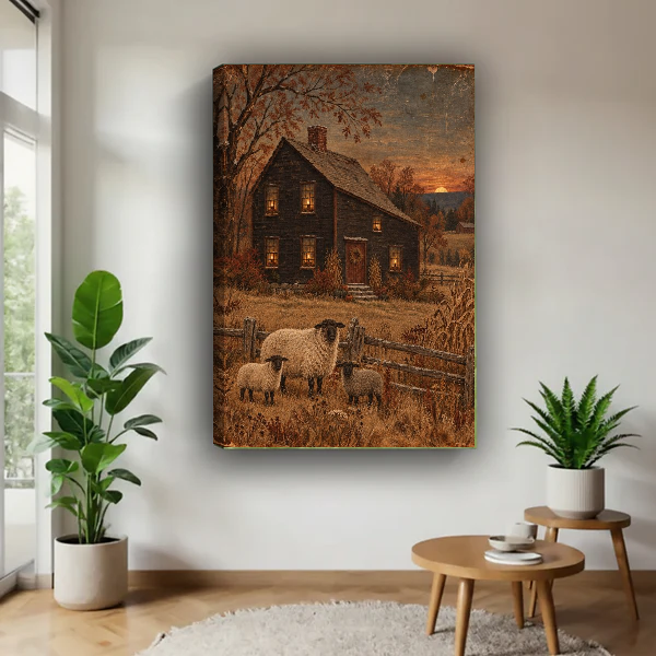Autumn Sheep Canvas Wall Art unframed above a wood table with green plants.