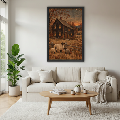Autumn Sheep Canvas Wall Art framed above a white sofa and round coffee table.
