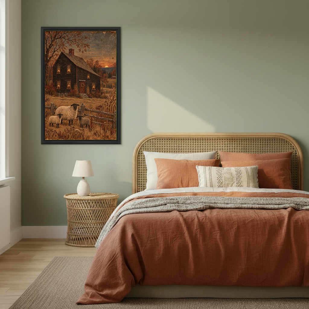 Autumn Sheep Canvas Wall Art framed above copper bedding against a muted olive wall.