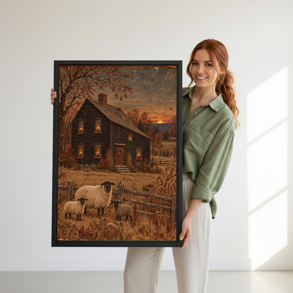 Autumn Sheep Canvas Wall Art held in a black frame by a woman wearing green.