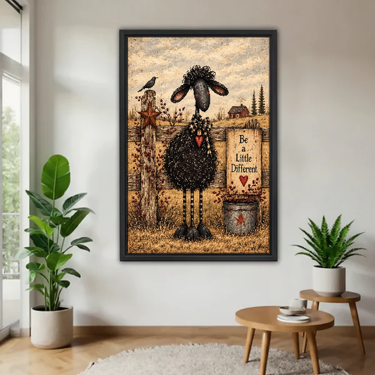 Different Sheep Canvas Wall Art framed above a wood table with green plants.