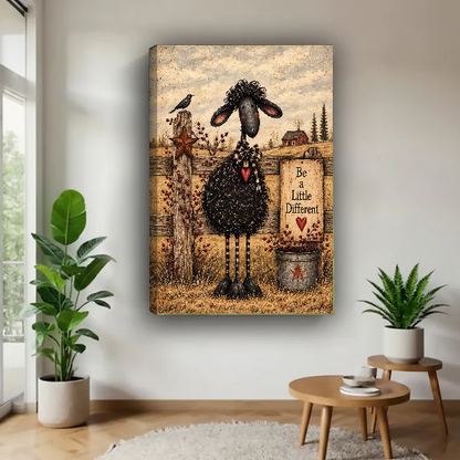 Different Sheep Canvas Wall Art unframed above a wood table with green plants.