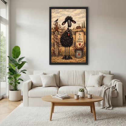 Different Sheep Canvas Wall Art framed above a white sofa and round coffee table.