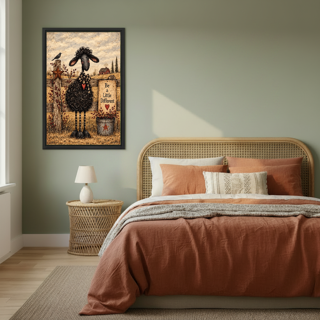 Different Sheep Canvas Wall Art framed above copper bedding against a muted olive wall.