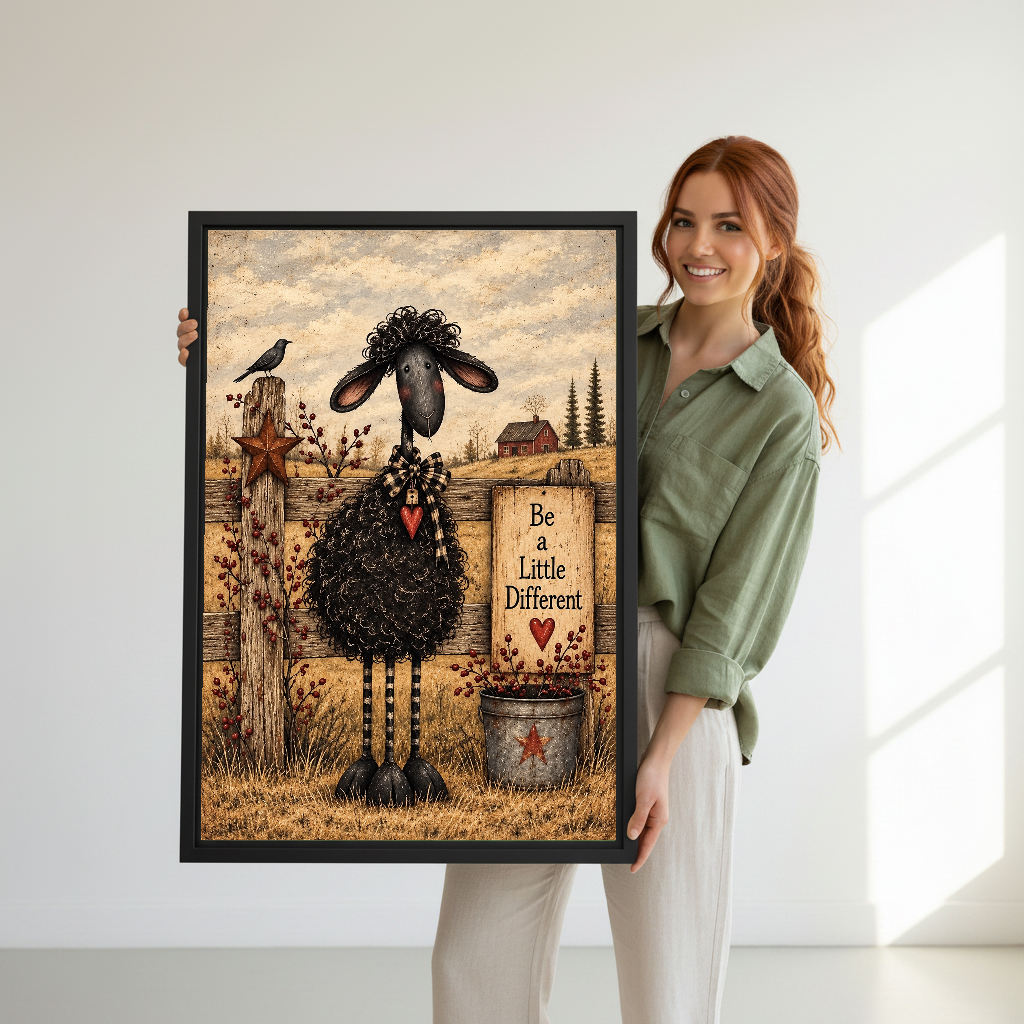 Different Sheep Canvas Wall Art held in a black frame by a woman wearing green.