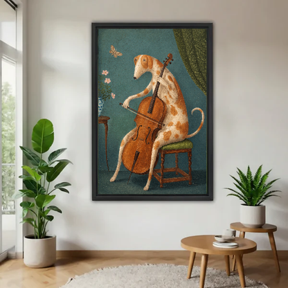 Cello Dog Canvas Wall Art framed above a wood table with green plants.