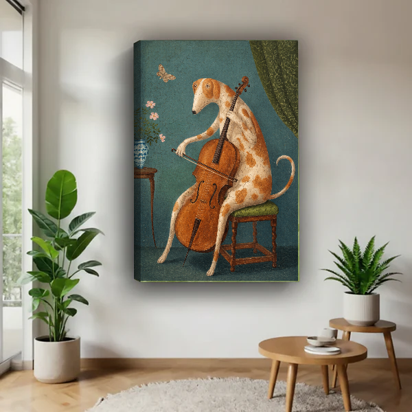 Cello Dog Canvas Wall Art unframed above a wood table with green plants.