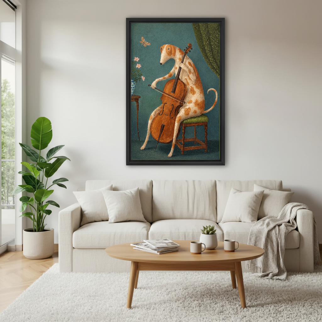 Cello Dog Canvas Wall Art framed above a white sofa and round coffee table.