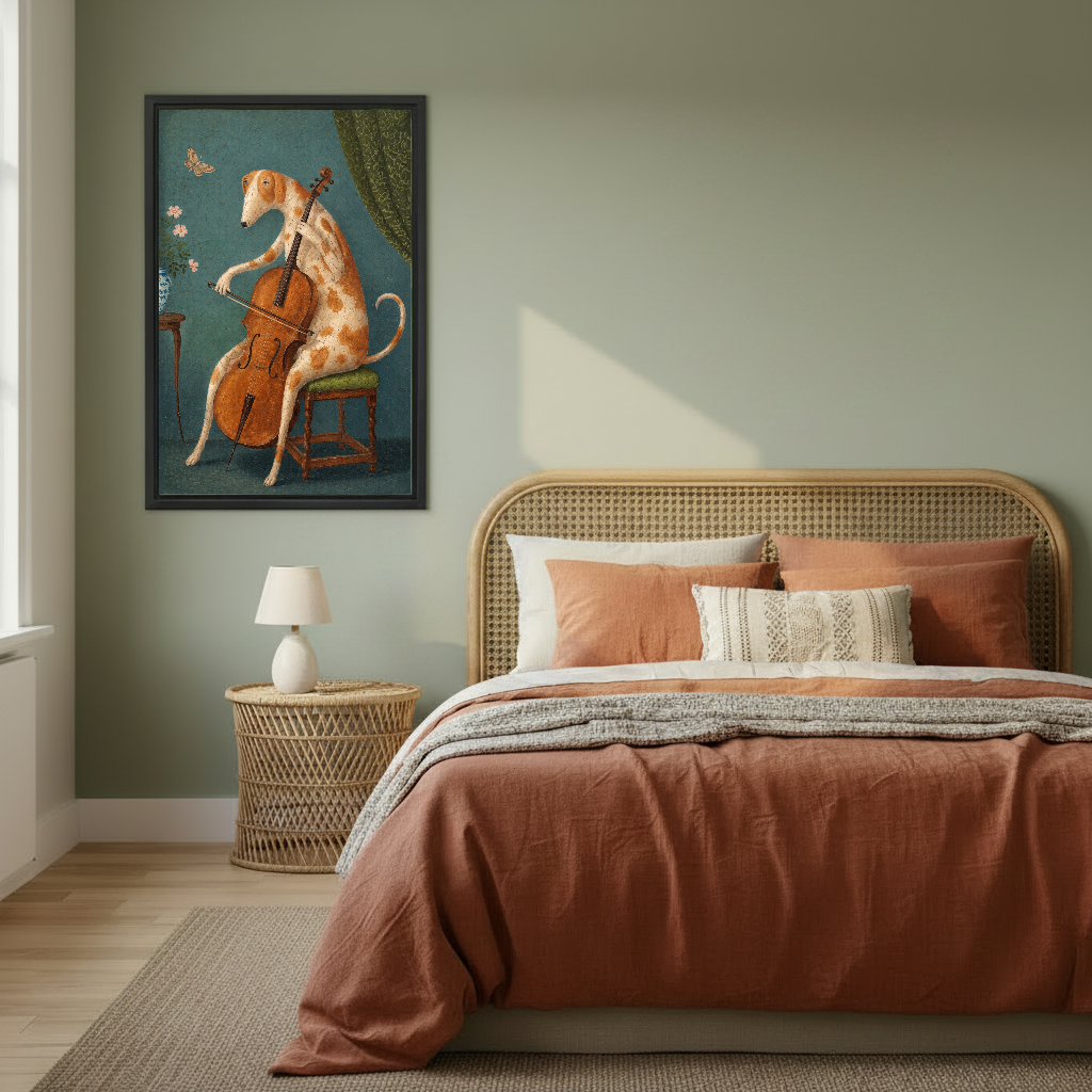 Cello Dog Canvas Wall Art framed above copper bedding against a muted olive wall.