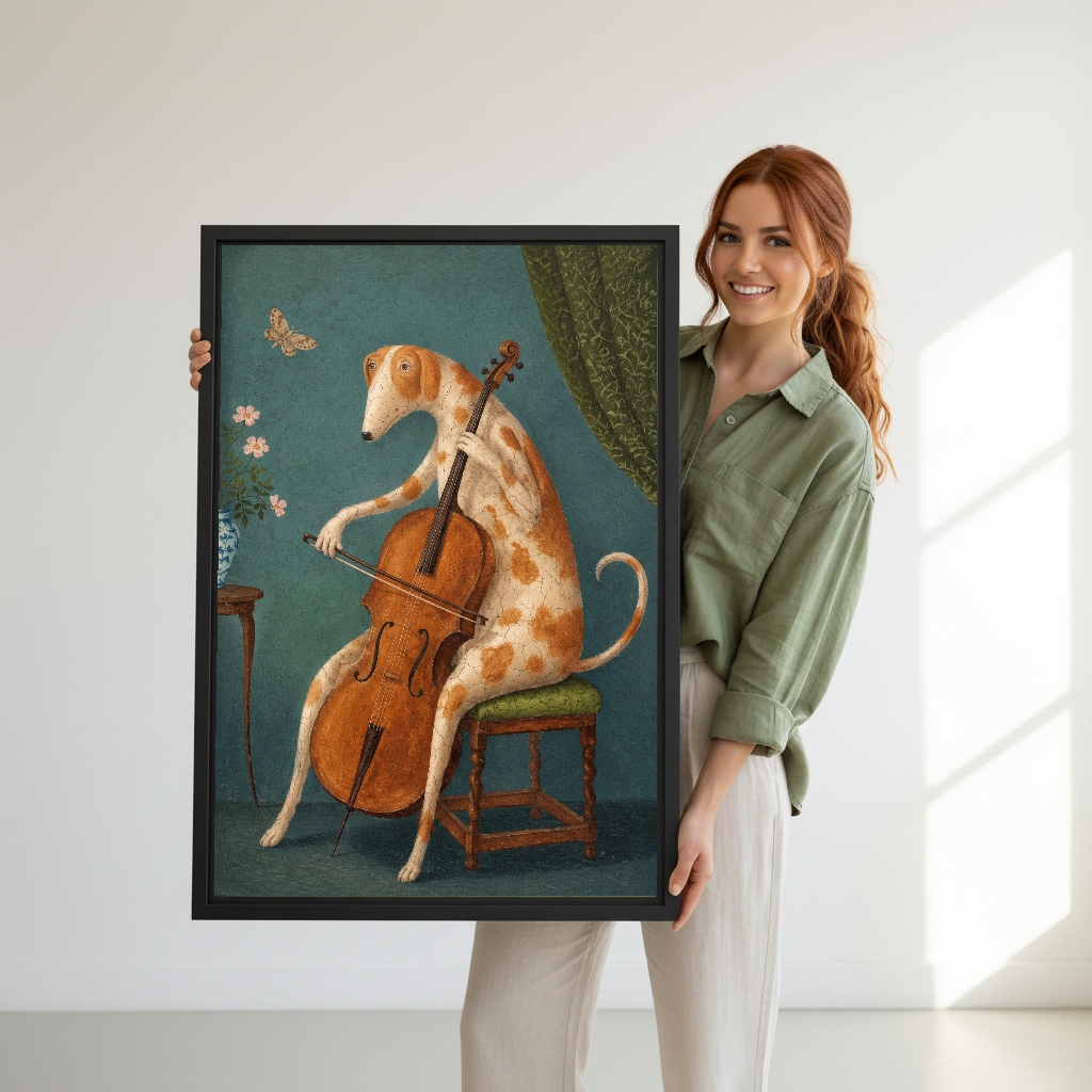 Cello Dog Canvas Wall Art held in a black frame by a woman wearing green.