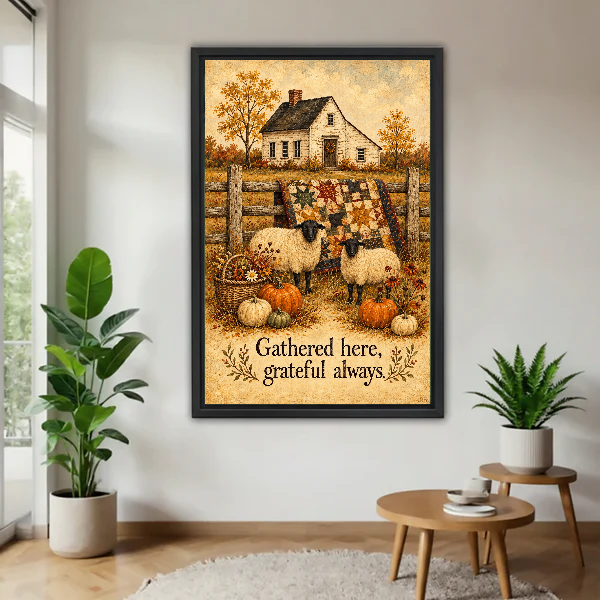 Grateful Sheep Canvas Wall Art framed above a wood table with green plants.