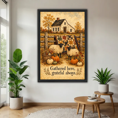Grateful Sheep Canvas Wall Art framed above a wood table with green plants.