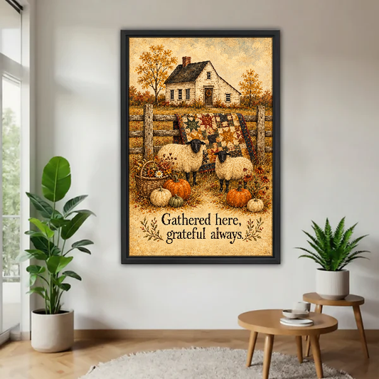 Grateful Sheep Canvas Wall Art framed above a wood table with green plants.
