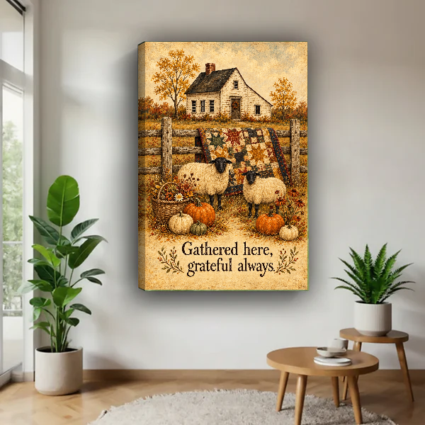 Grateful Sheep Canvas Wall Art unframed above a wood table with green plants.