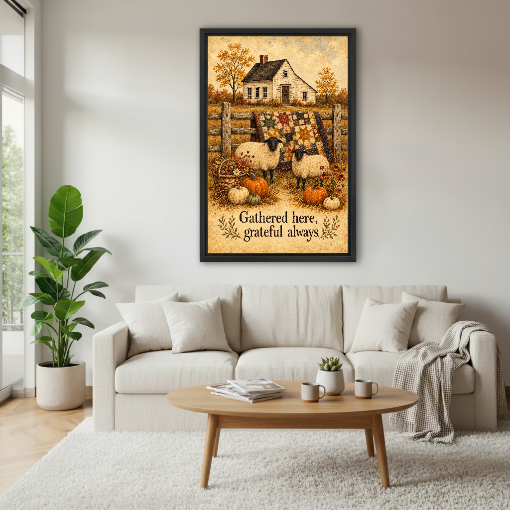 Grateful Sheep Canvas Wall Art framed above a white sofa and round coffee table.