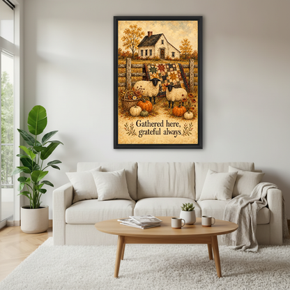 Grateful Sheep Canvas Wall Art framed above a white sofa and round coffee table.
