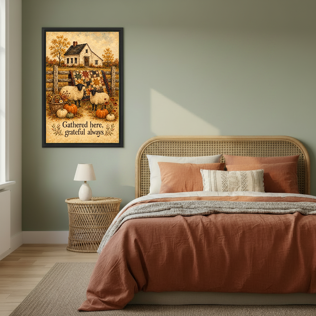 Grateful Sheep Canvas Wall Art framed above copper bedding against a muted olive wall.
