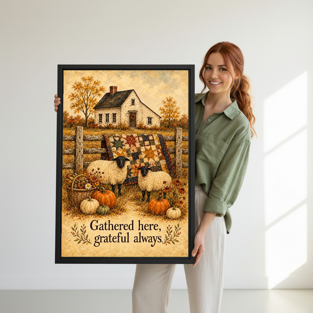 Grateful Sheep Canvas Wall Art held in a black frame by a woman wearing green.