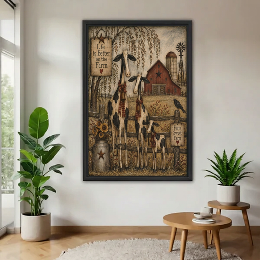 Farm Cow Family Canvas Wall Art framed above a wood table with green plants.