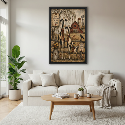 Farm Cow Family Canvas Wall Art framed above a white sofa and round coffee table.