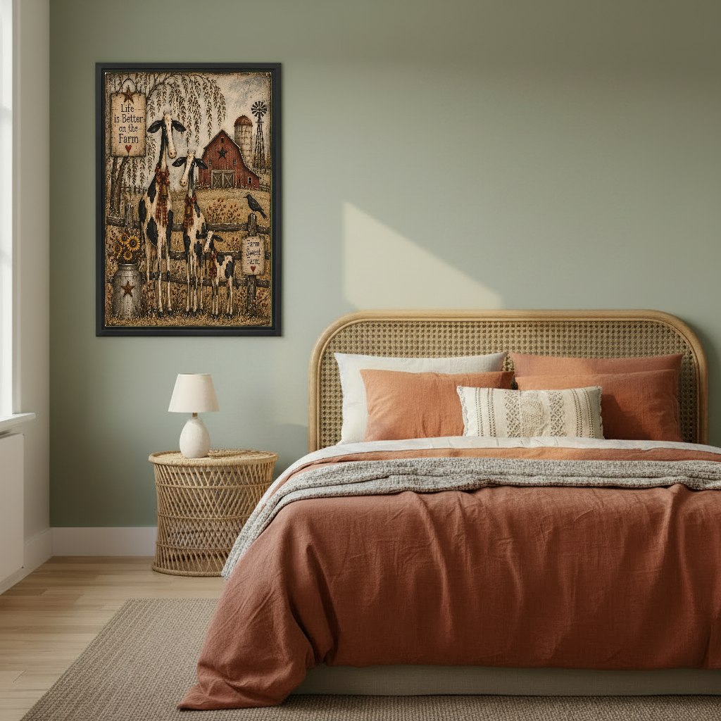Farm Cow Family Canvas Wall Art framed above copper bedding against a muted olive wall.