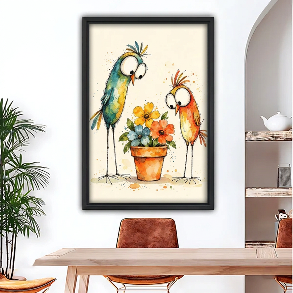 Funny Birds Flowers Canvas Wall Art framed above a wood desk and brown chair beside plants.