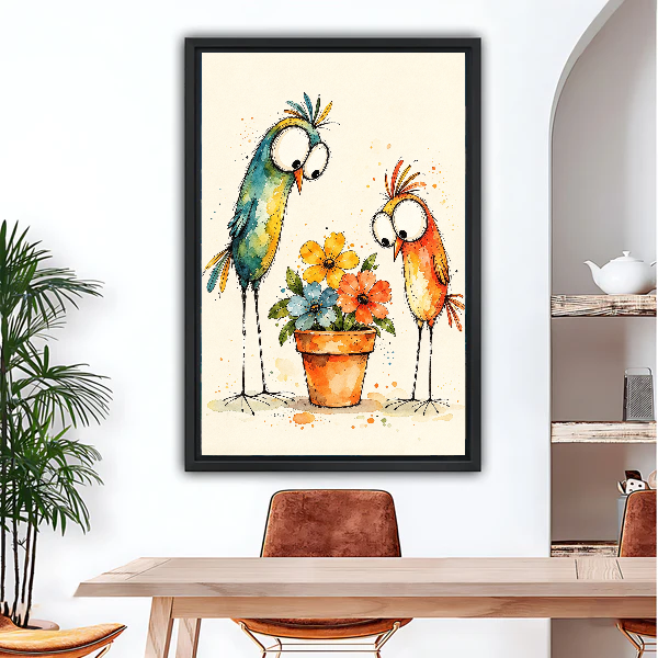 Funny Birds Flowers Canvas Wall Art framed above a wood desk and brown chair beside plants.