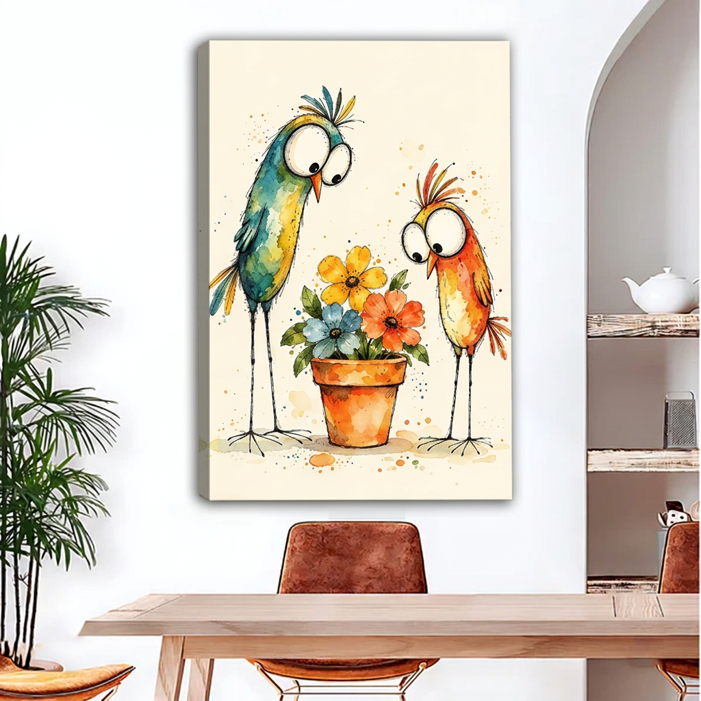Funny Birds Flowers Canvas Wall Art unframed above a brown leather sofa and round table.