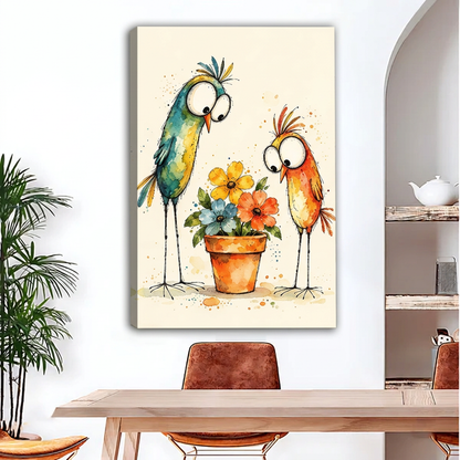 Funny Birds Flowers Canvas Wall Art unframed above a brown leather sofa and round table.