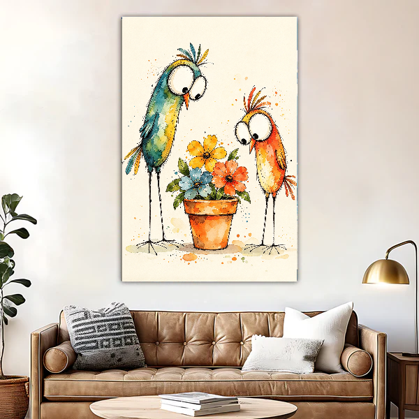 Funny Birds Flowers Canvas Wall Art unframed above a brown leather sofa and round table.